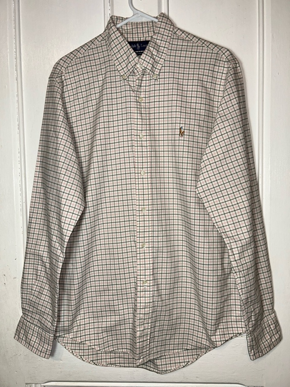 Ralph Lauren Custom Fit Men Green Pink Ivory Plaid Button Up Oxford Shirt